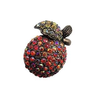 Laila Rowe Apple Brooch Aurora Borealis Crystal Pavé Red Fruit Pin 1"